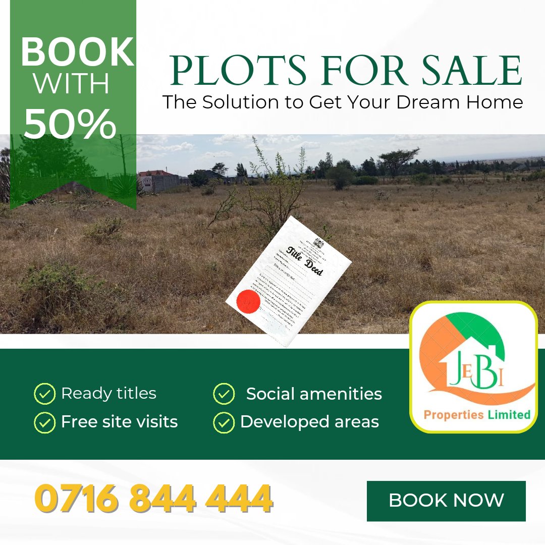 🏡 Ready to secure your dream plot? At Jebi Properties, you can now book with just 50% of the selling price! Don't miss out on this opportunity to own land in Joska, Malaa, or Mutalia. Call us today #JebiProperties #LandOwnership #SecureYourFuture