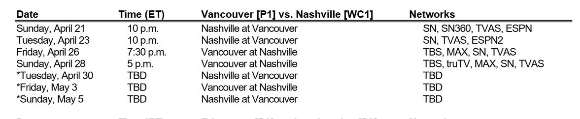 #Preds' playoff schedule set after NHL's final regular-season game finishes. --First-round series begins Sunday in Vancouver at 9 CT, followed by Tuesday game at 9 CT. --Games 3 and 4 in Nashville, on Friday (6:30 CT start) and Sunday (4 CT start). --Full schedule below: