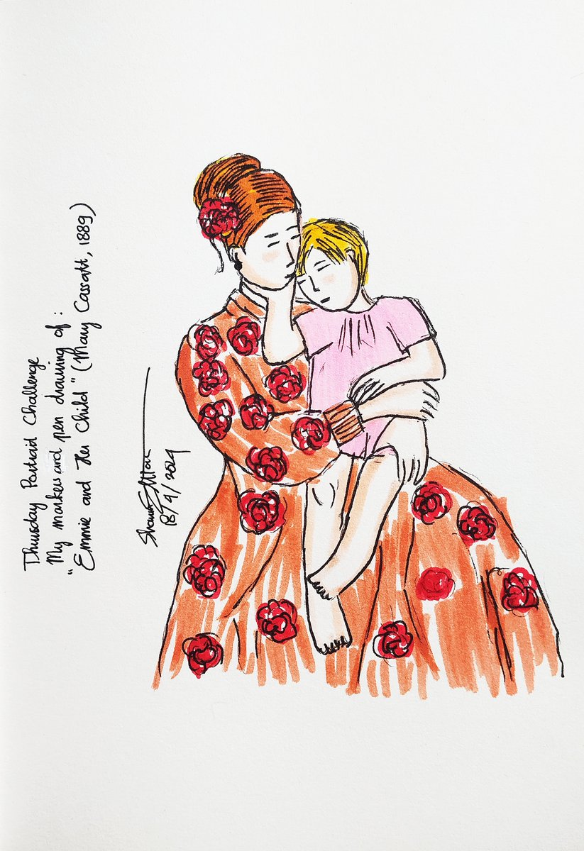 Thursday #PortraitChallenge @StudioTeaBreak 

My #markers and #pendrawing of:
'Emmie and Her Child' (Mary Cassatt, 1889)

#PortraitThursday #womanportrait #portraitdrawing #artcommunity #artmoots #art #arttwt #traditionalart