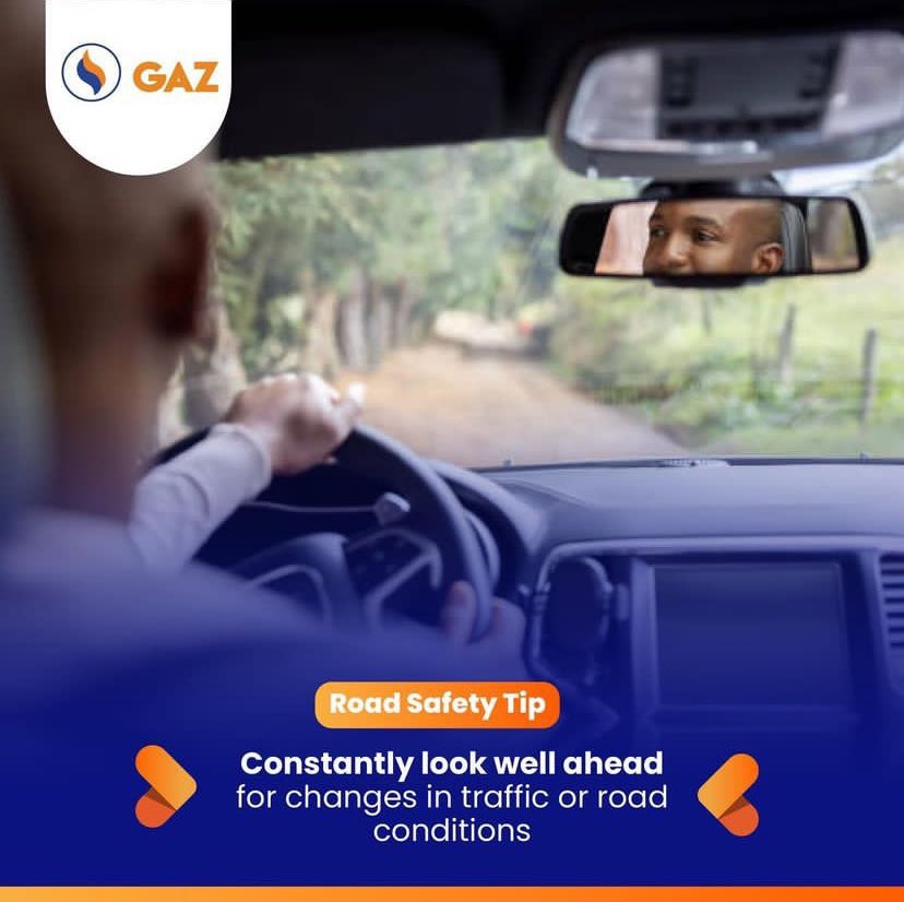 The rear-view mirror promotes an alert driving experience by allowing you to see behind your vehicle without turning your head. 

Constantly look well ahead for changes in traffic or road conditions.

#NileEnergy #roadsafety #Tip