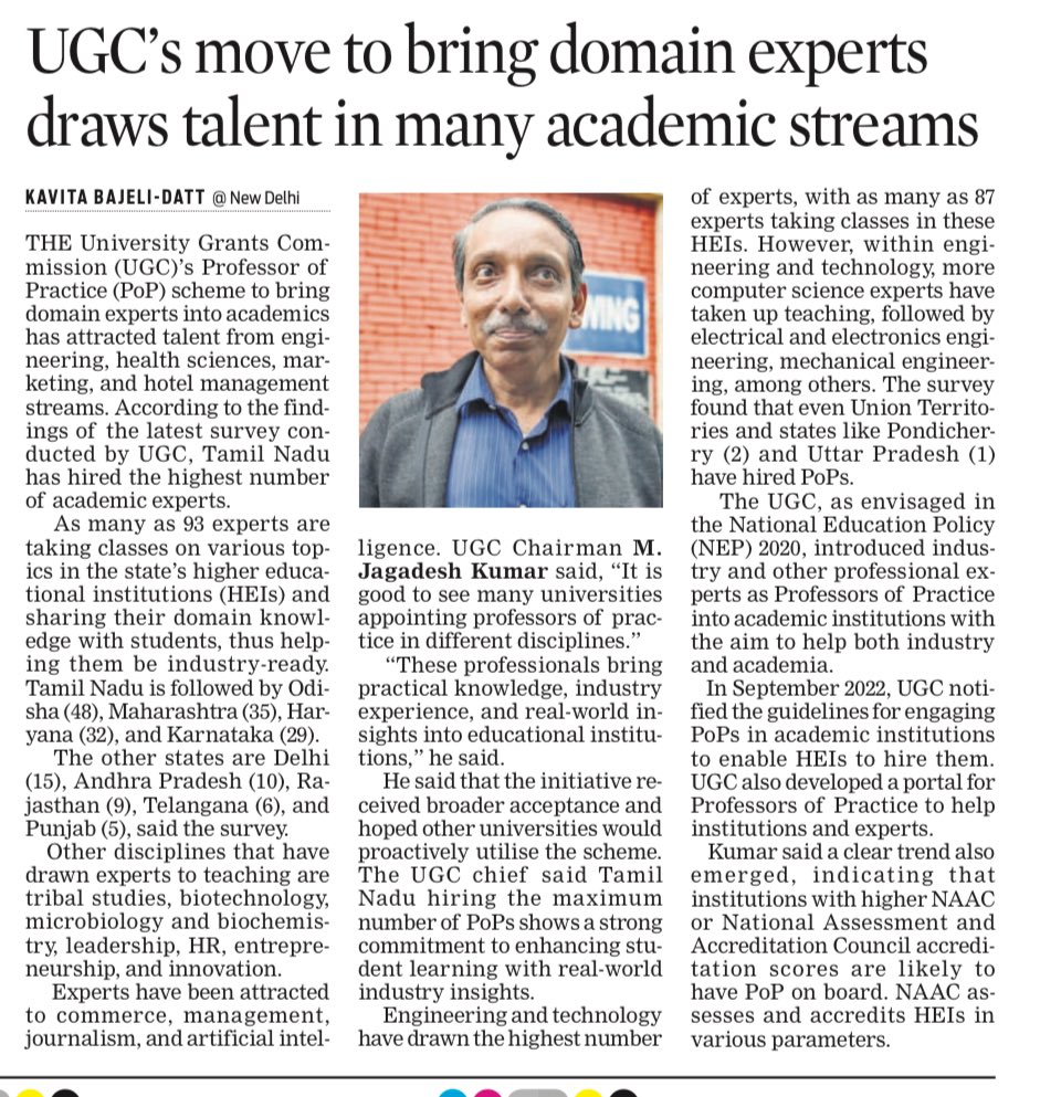 UGC ''Professor of Practice'' brings domain experts into academics. These professionals bring practical knowledge, industry experience, and real-world insights into educational institutions: Prof. @mamidala90, UGC Chairman. Courtesy: @NewIndianXpress #UGC #Education