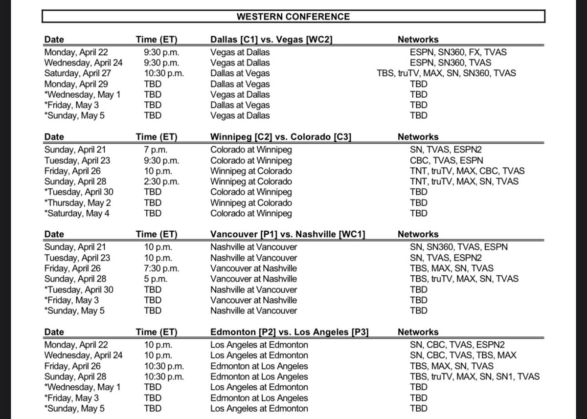 JesseBlake's tweet photo. Full Stanley Cup Playoffs East and West schedule: https://t.co/dpWAkL1hMR