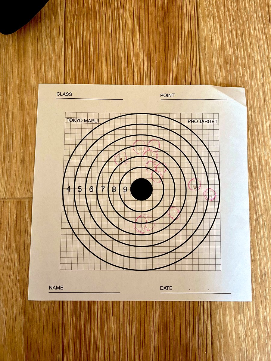 MPX GBB前にパッキンとチャンバー周り調整したままだったので約10メートルから弾0.2のグルーピング結果ホップ調整きちんとできてないので下目狙ってこれ2〜3発ぶれたから右の2発かな　ホップのレンチどこにいった🤔