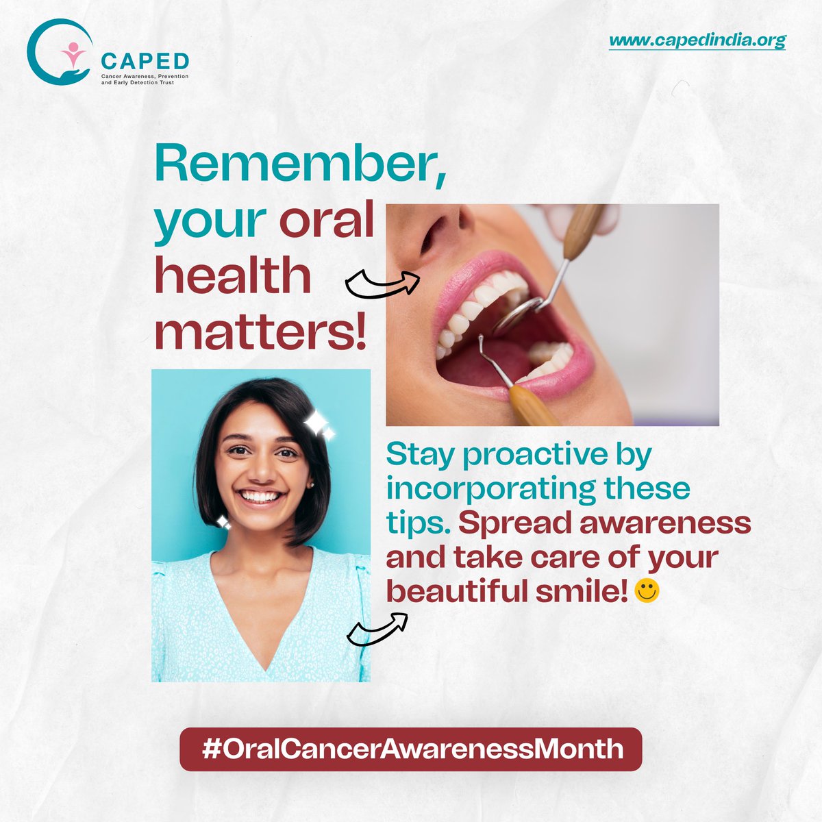 April is Oral Cancer Awareness Month: Know the signs & preventive measures. Early detection and prevention are key to save a life.

#OralCancerAwareness #PreventionIsKey #oralcancer #oralcancerscreening