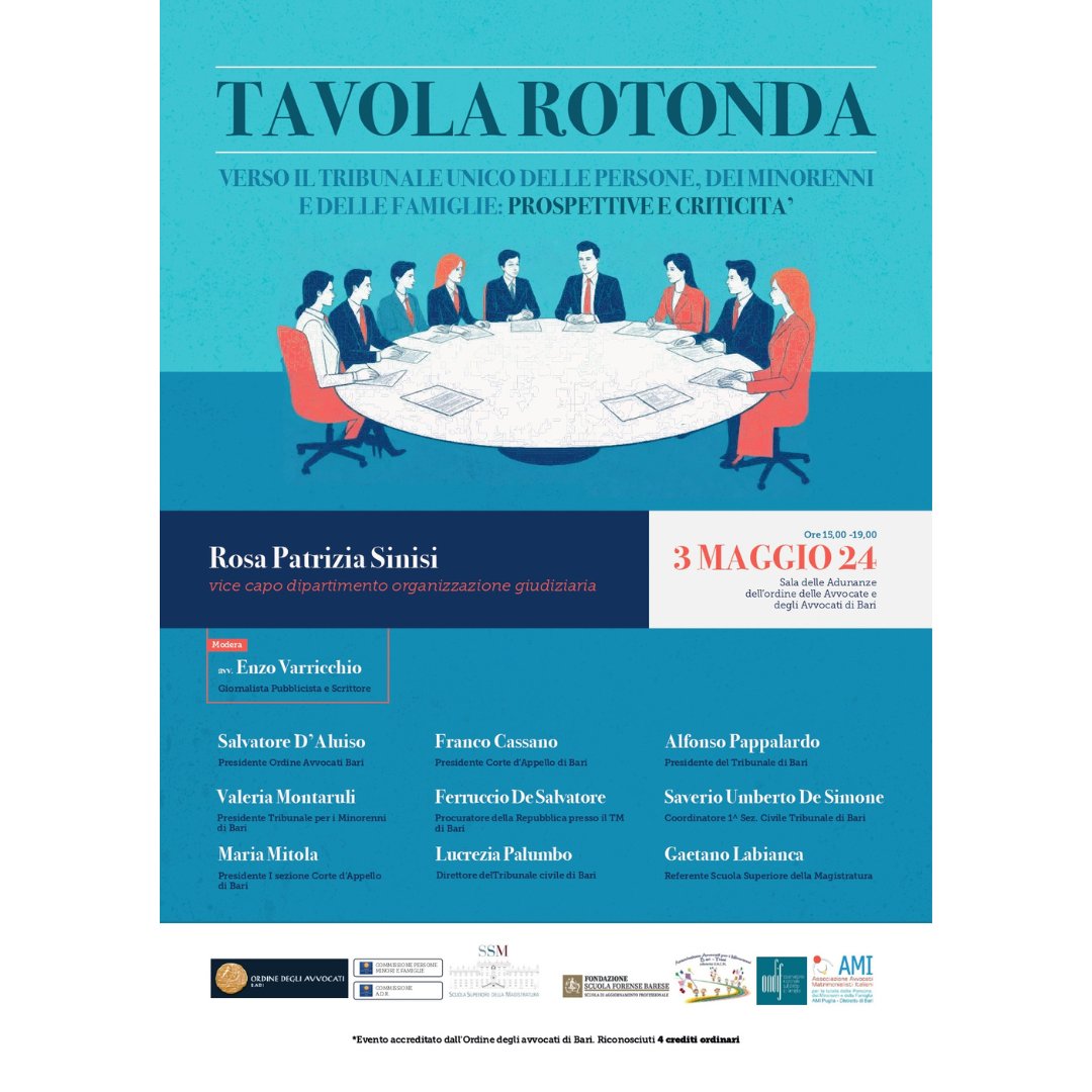 VERSO IL TRIBUNALE UNICO DELLE PERSONE, DEI MINORENNI E DELLE FAMIGLIE: PROSPETTIVE E CRITICITA'

3 maggio a #Bari, nella Sala delle Adunanze dell'Ordine degli #Avvocati dalle 15 alle 19, tavola rotonda con esperti e addetti ai lavori su un tema rilevanza per l' #avvocatura.