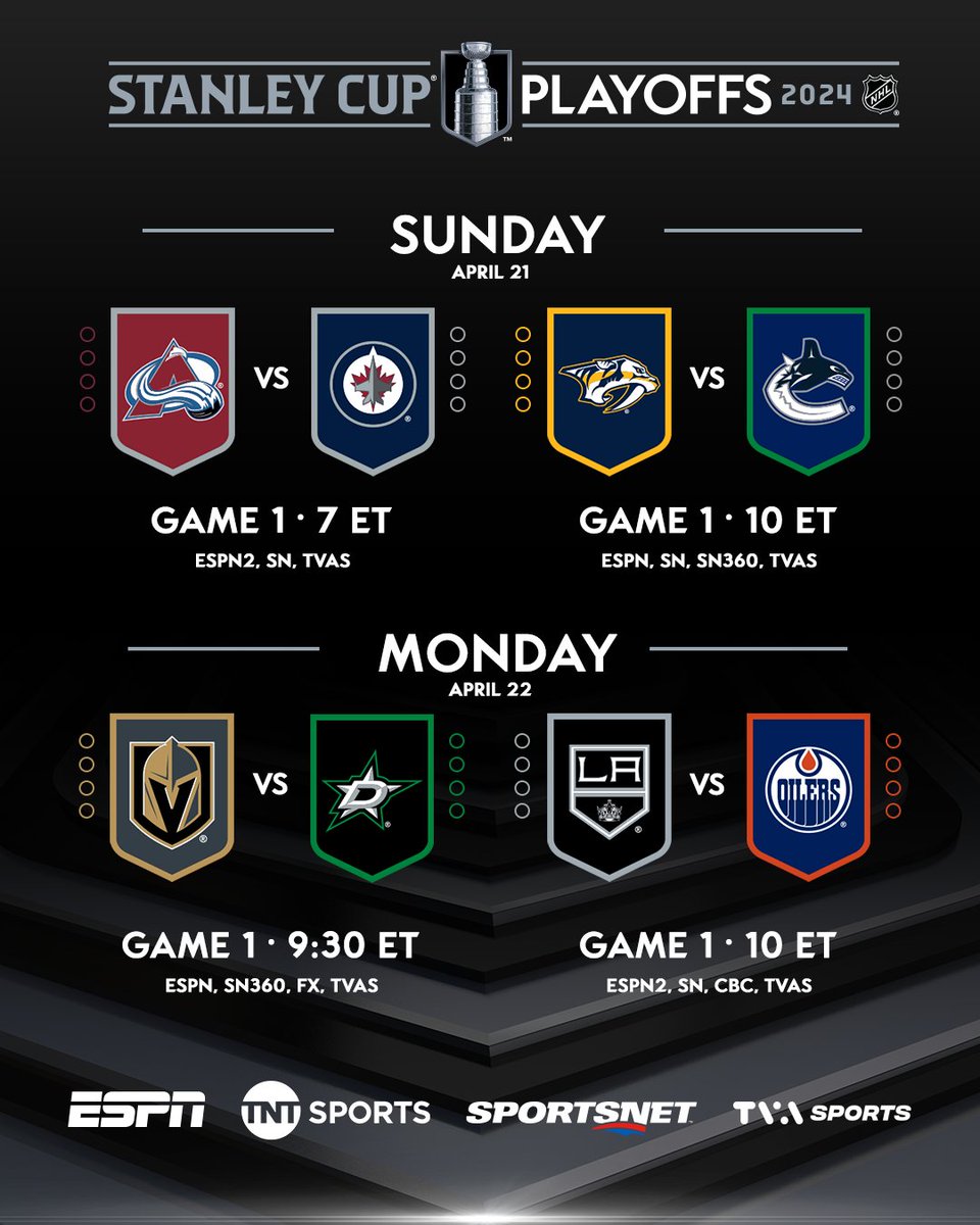 Mark your calendars. 🗓️ Here is your schedule for the Game 1s! The #StanleyCup Playoffs begin this Saturday on @espn, @NHL_On_TNT, @Sportsnet and @TVASports!