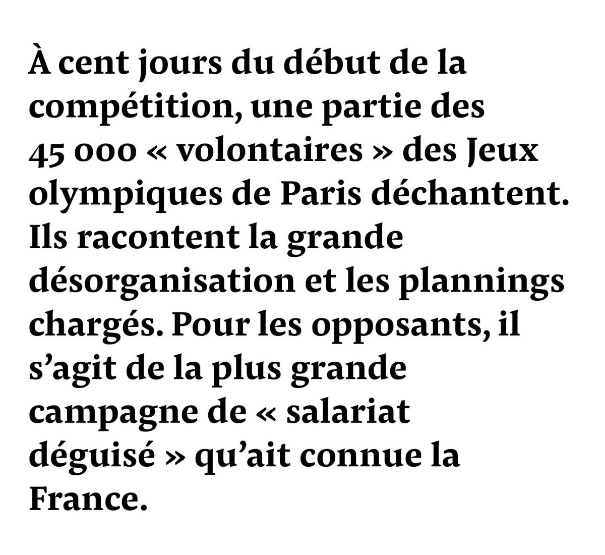 ⚡️🇫🇷FLASH - Des bénévoles pour les #JO2024 rempliront des missions qui correspondent à des emplois : chauffeur, statisticien, gestionnaire d’équipement… Jusqu’à 56h en 8 jours, sans aucune compensation, parfois même au bénéfice d’entreprises privées… mediapart.fr/journal/econom…