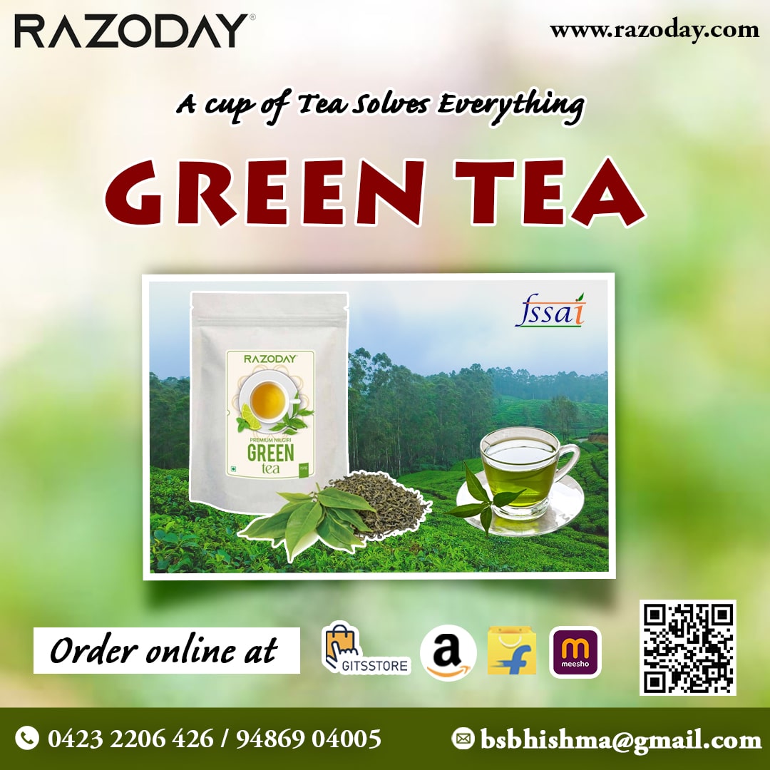 RAZODAY GREEN TEA
A cup of Tea Solves Everything Green Tea

#RAZODAY #SriVinayagaEnterprises #greentea #qualityingredients #unmatchedtaste #bestproducts #shoponlinenow #onlineshopping #freshness #shoponline #BestQualityBestPrice #orderonlinenow