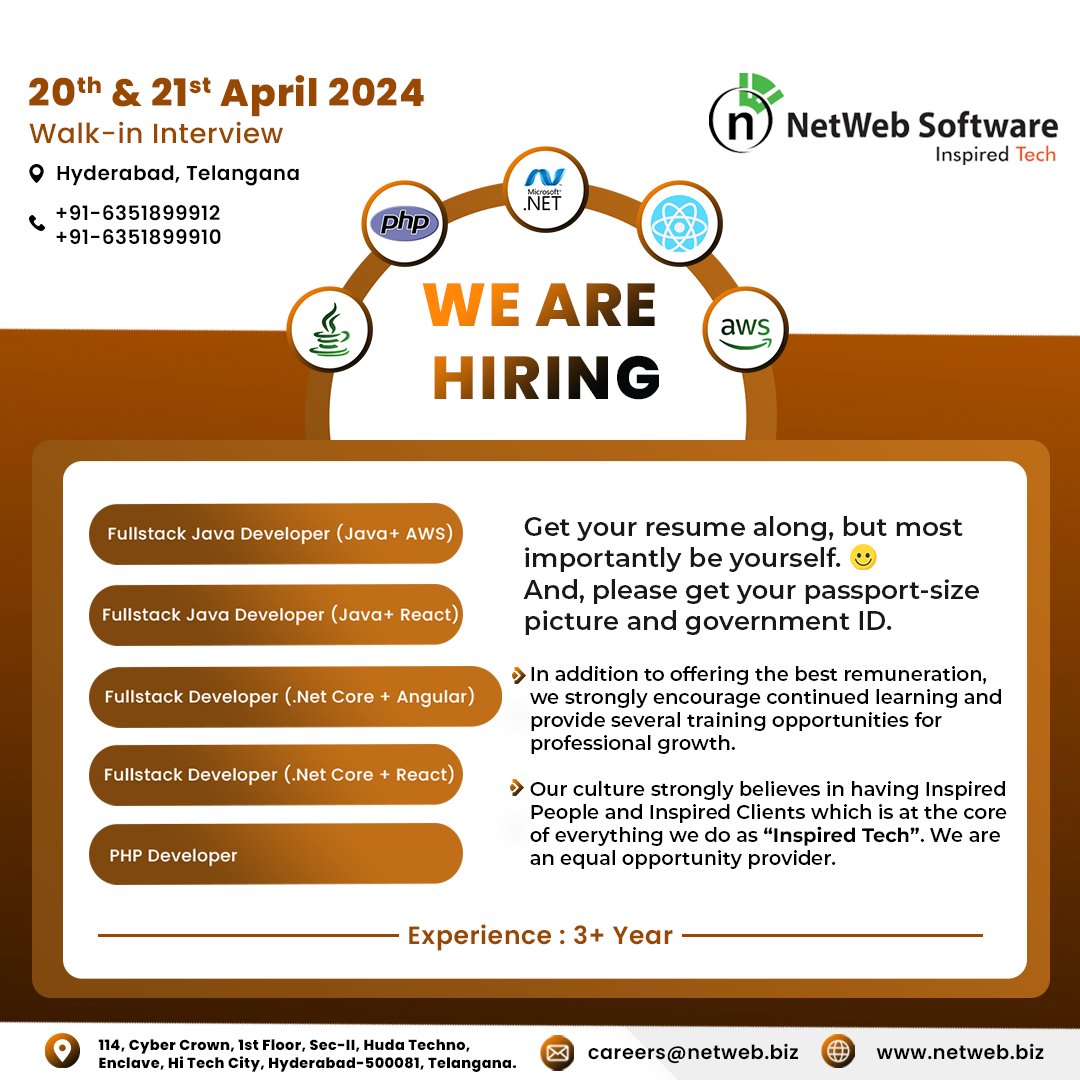 Join us for #WalkInInterview drive on the 20th & 21st of April in #Hyderabad! Come & explore exciting career opportunities with #NetWeb. Discover diverse roles, & competitive perks, & experience a vibrant work culture. Don't forget to bring your resume & enthusiasm. #InspiredTech