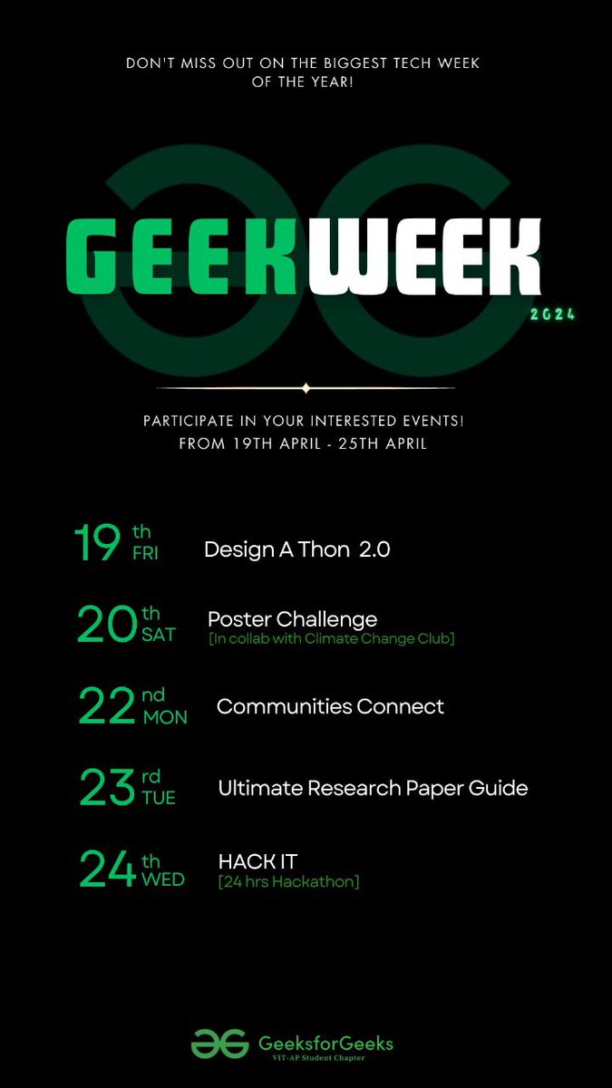 Get ready for an exciting week ahead as GEEKS FOR GEEKS STUDENT CHAPTER at VIT-AP University presents a series of events for knowledge and skills. The registration link is provided below Register here: geekweek.gfgvitap.xyz #GeeksForGeeks #TechWeek #vitapuniversity