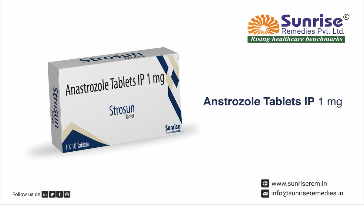 Strosun Generic #Anastrozole is a big name in the pharmaceutical world. Manufacturer from Sunrise Remedies Pvt. Ltd.

Read More: sunriseremedies.in/our-products/S…

#Strosun #Anastrozole #breastcancerProducts #AntiCancerProducts #ThirdPartyManufacturing #ContractManufacturing #LoanLicense