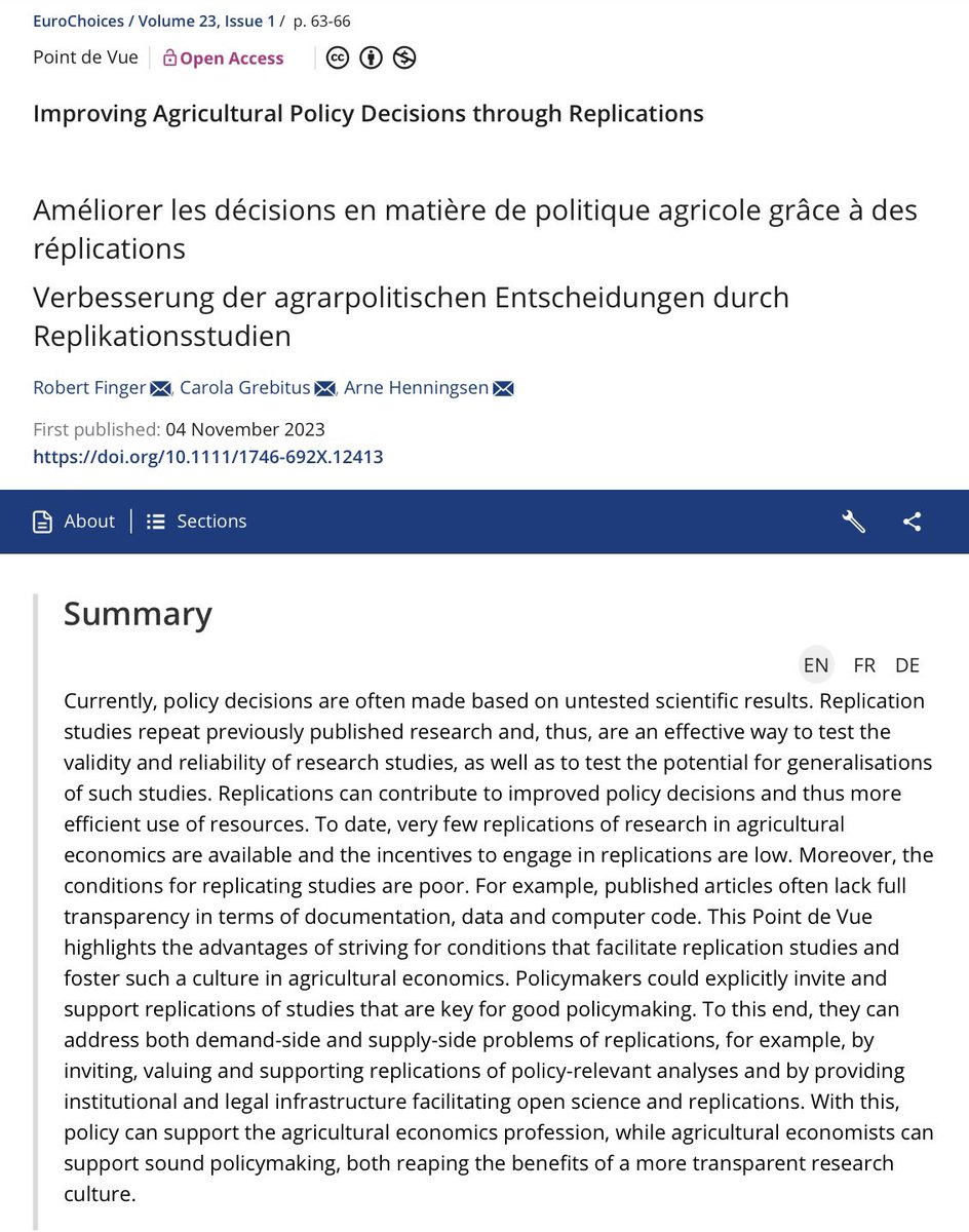 Our article ‚Improving Agricultural Policy Decisions through Replications‘ is now published in an issue @eurochoices: dx.doi.org/10.1111/1746-6… With @ArneHenningsen & C. Grebitus Blog (German) agrarpolitik-blog.com/2023/11/09/rep… Our AEPP paper on replications onlinelibrary.wiley.com/doi/10.1002/ae…