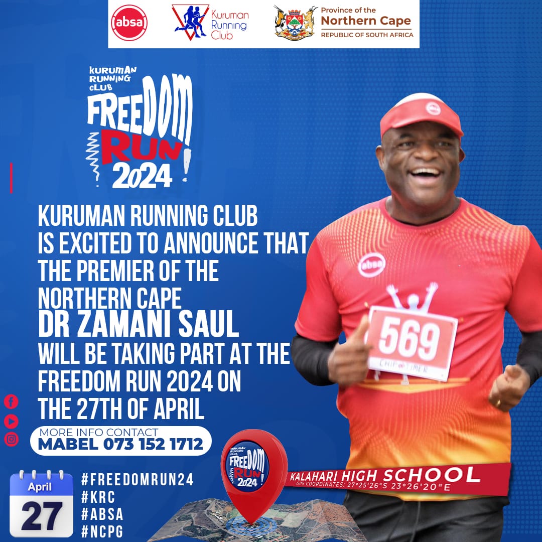 KurumanRC's tweet photo. ‼️Immediate Release‼️

Premier of the Northern Cape Dr Zamani Saul will be part of the 500 runners lining up at the Freedom Run on the 27th of April in Kuruman(Kalahari high school) https://t.co/Fw3oJngMLB