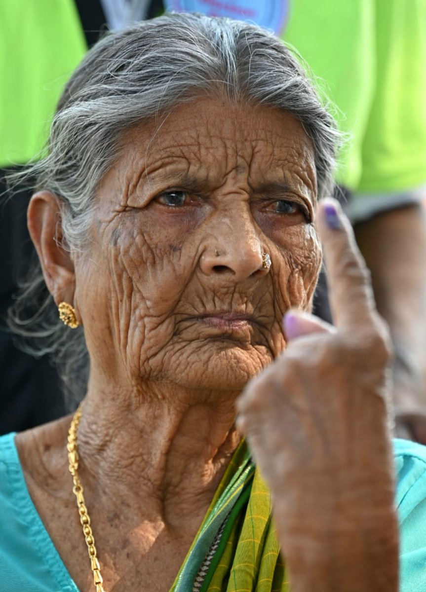 Pazhaniammal, 85, after casting her vote at Thudiyalur in Coimbatore on Friday. Photo by J Jackson