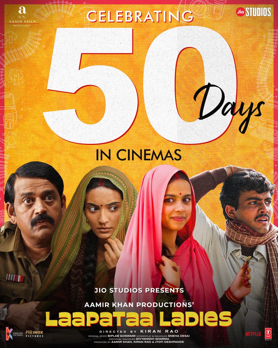 Breaking stereotypes with laughter and drama! Celebrating 50 days of #LaapataaLadies. 🤩 Book your tickets now from Book My Show - bookmy.show/LaapataaLadies PVR - tinyurl.com/y49b63p2 @nitanshi_goel @PratibhaRanta #SparshShrivastava @ravikishann #AamirKhan @raodyness…