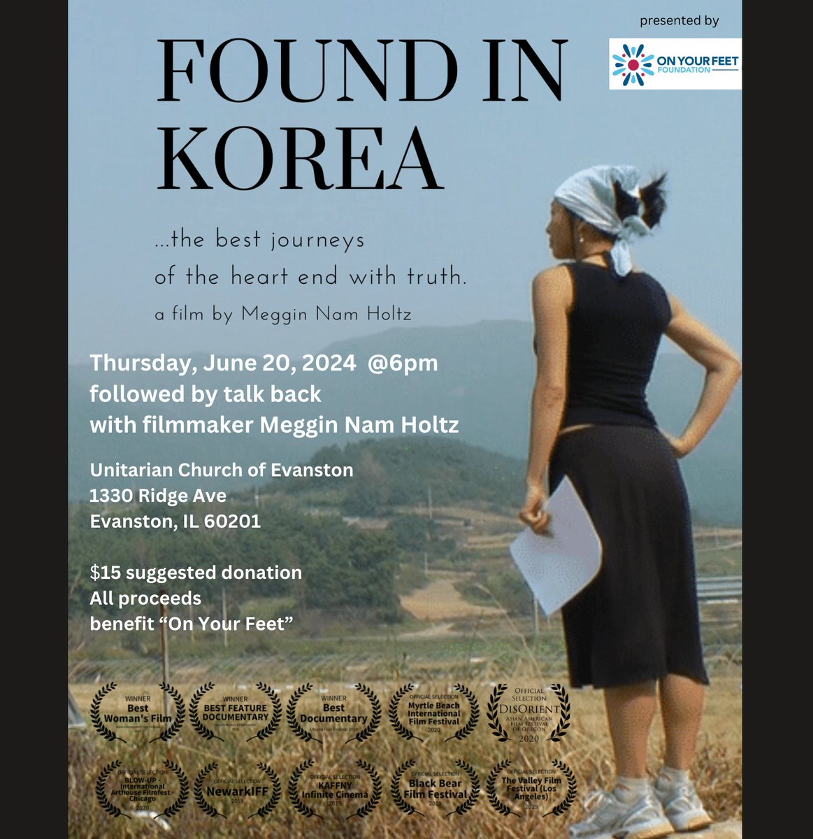 Ocean Jade (남 해옥) | pic art: Juan Carlos Pinto (@namholtz) on Twitter photo Thrilled to share:
"Found in Korea" doc film screening June 20, 2024
<a href="/6pm/">Follow us @Shop6pm!</a> followed by talk back w filmmaker Meggin Nam Holtz.
Unitarian church of Evanston, IL.
$15 suggested donation.
All proceeds will benefit host, "On Your Feet” <a href="/Here4Birthmoms/">On Your Feet Foundation</a>
#adopteevoices <a href="/foundinkorea/">Found in Korea</a> Thrilled to share:
"Found in Korea" doc film screening June 20, 2024
<a href="/6pm/">Follow us @Shop6pm!</a> followed by talk back w filmmaker Meggin Nam Holtz.
Unitarian church of Evanston, IL.
$15 suggested donation.
All proceeds will benefit host, "On Your Feet” <a href="/Here4Birthmoms/">On Your Feet Foundation</a>
#adopteevoices <a href="/foundinkorea/">Found in Korea</a>