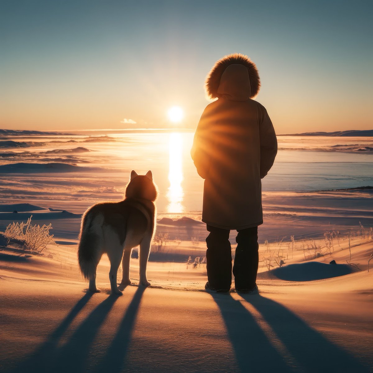 Good morning! ☕☀️❄️ Each new dawn brings the Arctic’s challenge, and with Sisu by my side, we face it head-on. Resilience is born in the resolve to begin anew each day. As the icy winds challenge us, we find strength in standing together, witnessing the sunrise over ice.☀️🧊