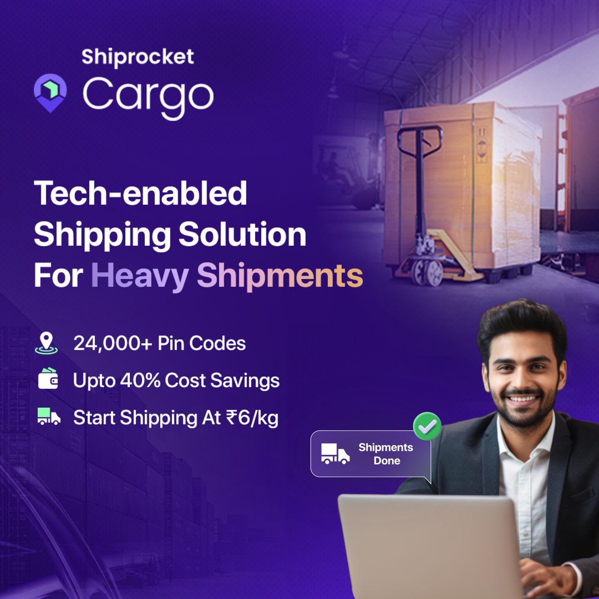 📢 Introducing Shiprocket Cargo, a tech-enabled shipping solution for your heavy and bulk shipments. Elevate your business with our comprehensive B2B cargo shipping solution at a single platform. Here is what you get: ➡️ Calculate your cargo shipping rates ➡️ Get multiple