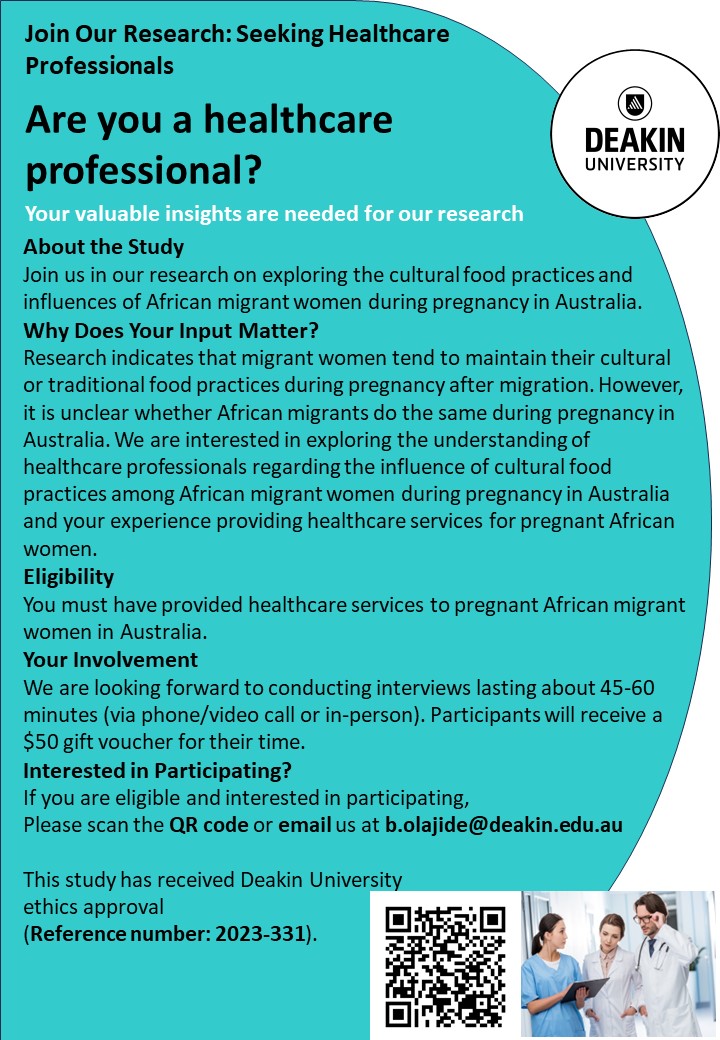 @IHT_Deakin researchers are looking for healthcare providers who have experience of providing care to African born women during pregnancy to participate in an interview. For more information scan the QR code in the flyer below. All participants will receive a $50 gift card!