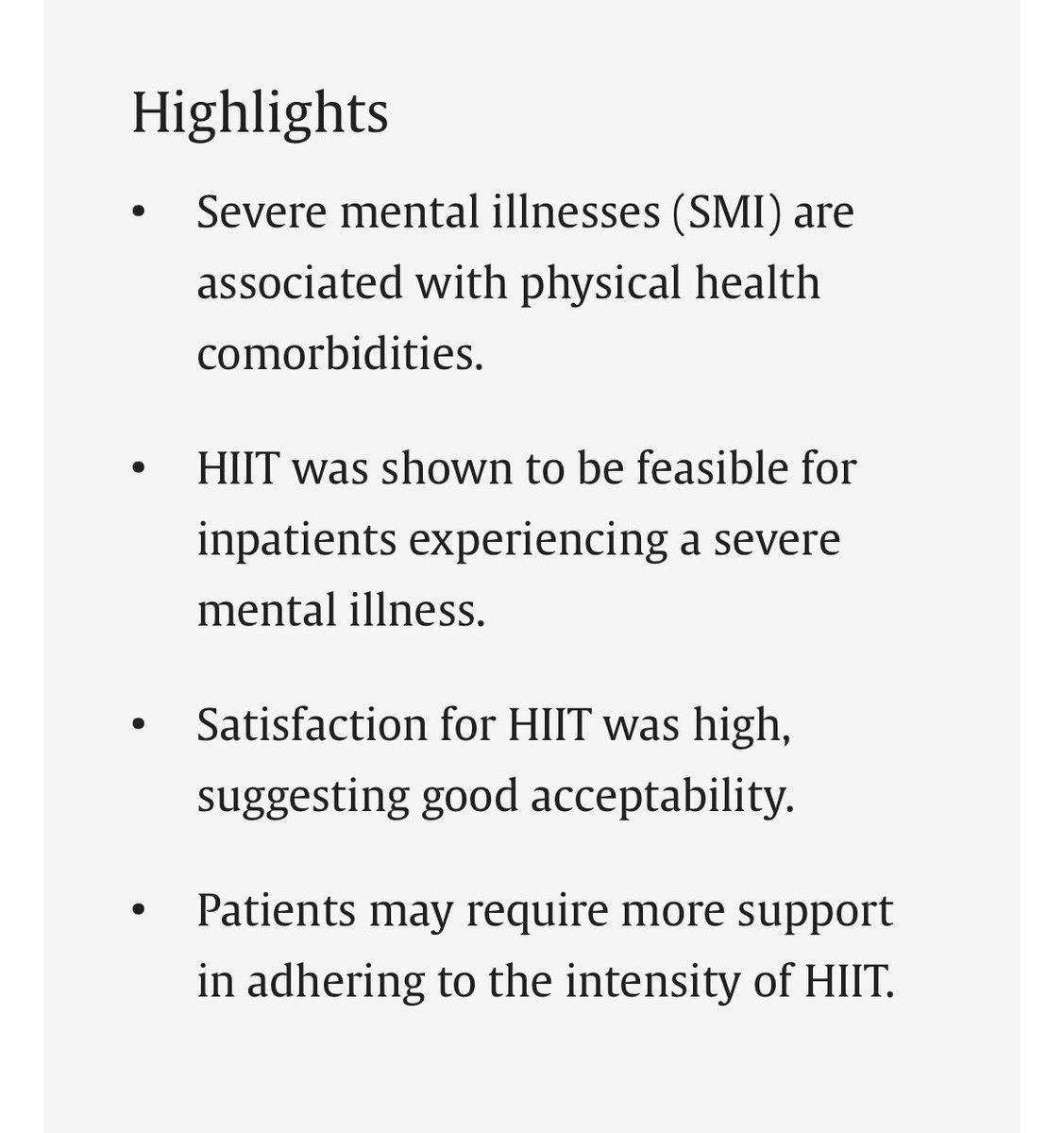 Kudos Dr @MartlandRebecca for publishing her High Intensity Interval training trial among inpatients with SMI Highly commendable adaptability during COVID & some important data in HIIT for inpatients sciencedirect.com/science/articl… @FGaughran