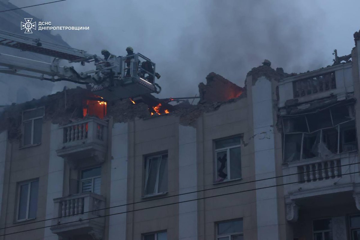 ZelenskyyUa's tweet photo. Rescue operations are underway in Dnipro following a Russian strike. Several floors of a typical residential building were destroyed, and the railway station sustained damage.

Kryvyi Rih and Synelnykove in the Dnipropetrovsk region were also targeted. All injured people are receiving assistance. Unfortunately, some people were also killed. I extend my condolences to their families and friends.

Every country that provides air defense systems to Ukraine, every leader who helps persuade our partners that air defense systems should not be stored in warehouses but deployed in real cities and communities facing terror, and everyone who supports our defense is a life saver. We must defeat Russian terror. It is necessary not only for our country and Ukrainians, but for the entire world. 

Russia must be held accountable for its terror, and all missiles and "Shahed" drones must be intercepted. The world can ensure this, and our partners possess the necessary capabilities. This has been demonstrated in the skies over the Middle East, and it should also work in Europe.