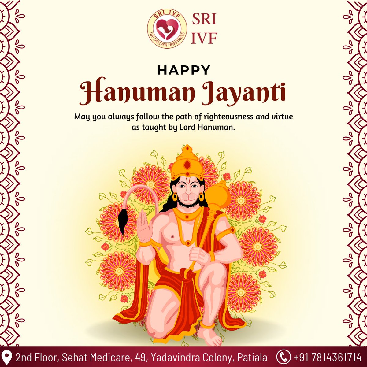 On this auspicious day, may Lord Hanuman bless you with courage and wisdom. Happy Hanuman Jayanti! . . . #HanumanJayanti #LordHanuman #JaiBajrangBali #HanumanJayanti2024 #BlessingsOfHanuman #HanumanJanmotsav #bestivfcenterinpatiala #sriivf #patiala #punjab #sriivfpataila