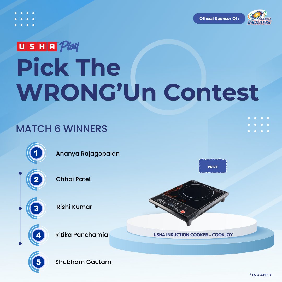 Champions alert for Match 6! Ananya, Chhbi, Rishi, Ritika, and Shubham — you've nailed the 'Pick The WRONG'Un' challenge! Stay tuned to @usha_play, where every play is a chance to win! #UshaPlay #MumbaiIndians #OneFamily