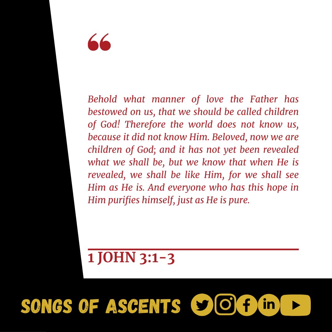 SongsofAscents's tweet photo. 1 John 3:1-3
#verseoftheday
#verseoftheday📖
#verseoftheday🙏
#verseoftheday📜📖
#verseoftheday📖🙏
#songsofascents https://t.co/pkoISN3a4D