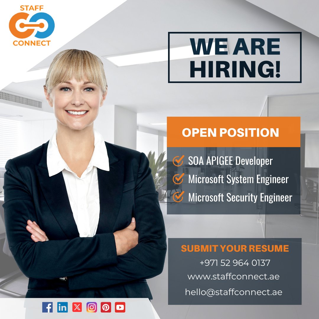 staffconnectuae's tweet image. We Are Hiring Open Position :

.SOA APIGEE Developer
.Microsoft System Engineer
.Microsoft Security Engineer

🌐 staffconnect.ae

#staffconnectuae #soaapigeedeveloper #microsoftsystemengineer #microsoftsecurityengineer #dubai #uae