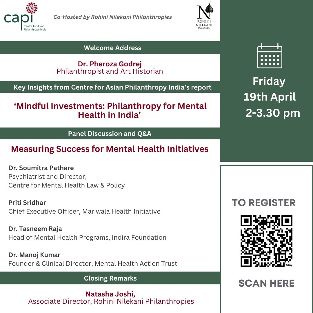 Today, at 2 PM, the Centre for Asian Philanthropy India will launch its report - 'Mindful investments: Philanthropy for Mental Health in India', followed by a panel discussion moderated by @netshrink. ➡️ Measuring Success for Mental Health Initiatives 🔗 samaaj-io.zoom.us/meeting/regist…