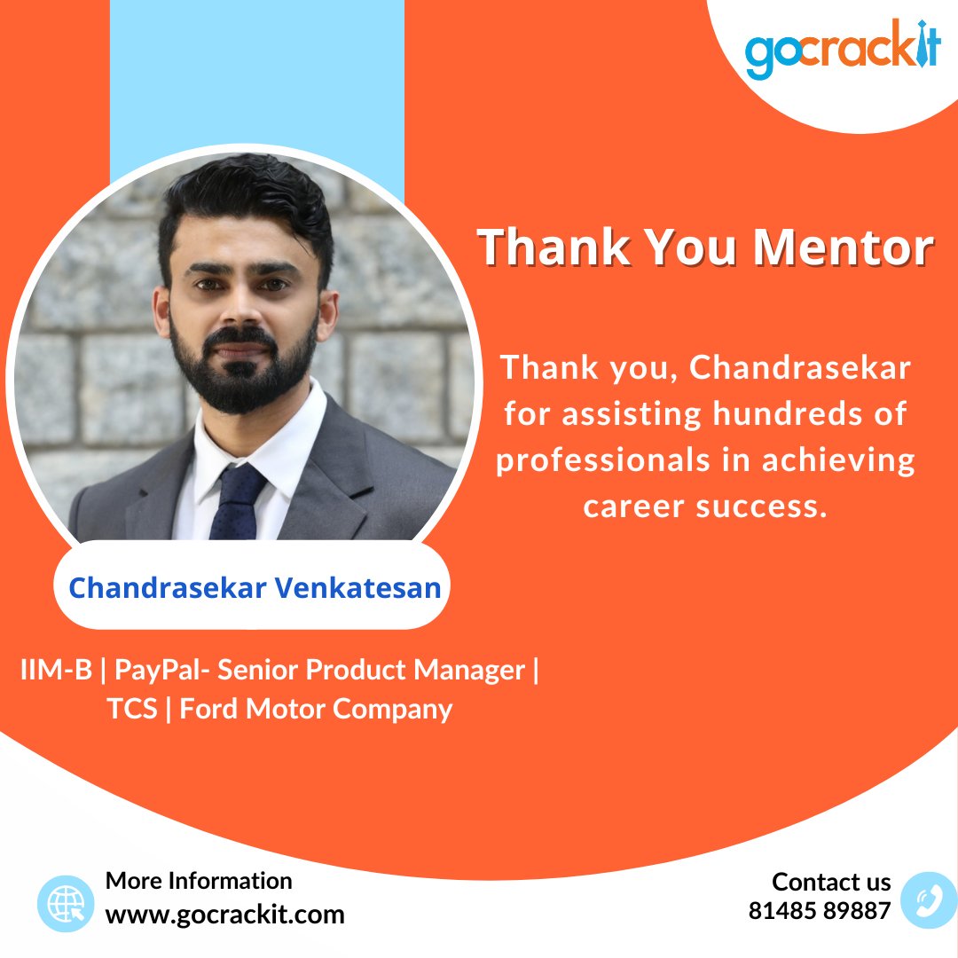 GoCrackIt1's tweet photo. Expressing our heartfelt gratitude to Chandrasekar Venkatesan for his invaluable contributions in helping hundreds of professionals achieve career success.

#gratitude #career #mentoring #aspirants #careerdevelopment #careergrowth #mentees #mentors https://t.co/CRaCEHB5ec