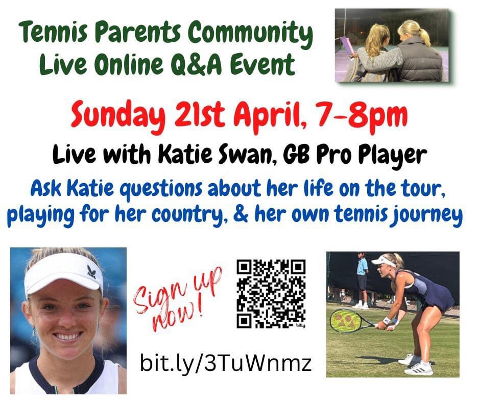 The Tennis Parents Community are hosting an online Q&A with GB player @Katieswan99 on Sunday 21st April. Register for free here: bit.ly/3TuWnmz 🎾 #tennisparents #tennisplayers #britishtennis