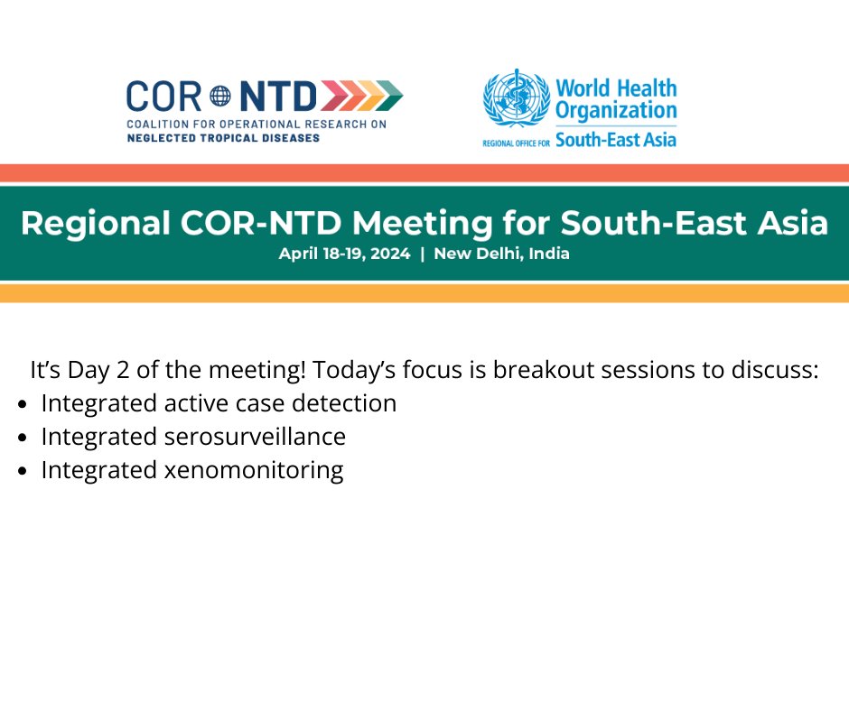 Day 2 of the Regional COR-NTD Meeting for South-East Asia Today, we host three breakout sessions to discuss how to move the NTD operational research agenda forward in the region. Reports of the results will be shared in coming weeks. @WHOSEARO @USAID @USAIDGH @gatesfoundation