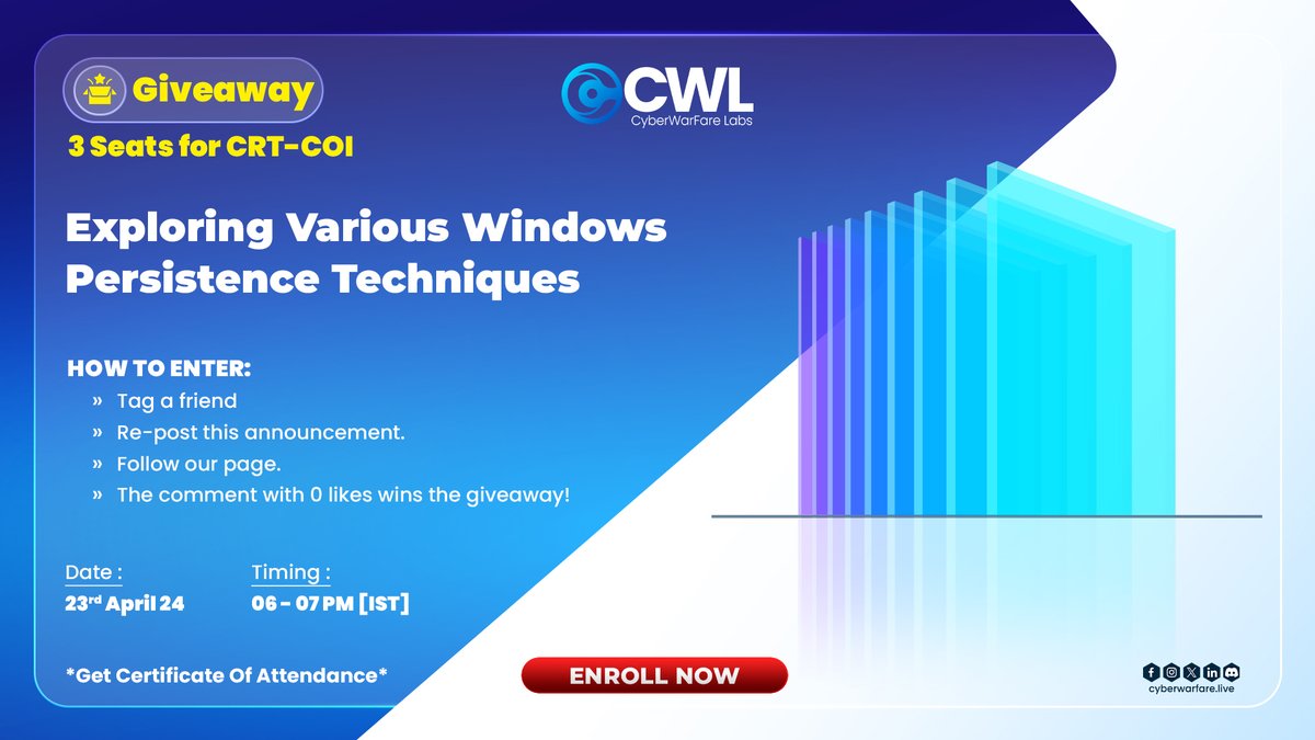 cyberwarfarelab's tweet image. 📣GIVEAWAY + WEBINAR ALERT🚨

Secure your knowledge with the webinar. Also get a chance to win our Certified Red Team – CredOps Infiltrator Course.

➤ Secure your spot now: register.gotowebinar.com/register/83685…

➤ Participate in the giveaway contest: linkedin.com/feed/update/ur…

#Webinar #CWL