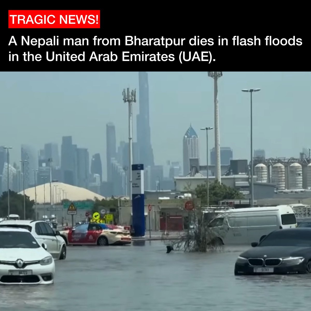 In a tragic incident, a Nepali man from Bharatpur has died in a flash floods in the United Arab Emirates (UAE). The man has been identified as Mohan Pun. He was reported to be employed at the Well Cafe restaurant located in the same vicinity where the incident occurred. 

#uae