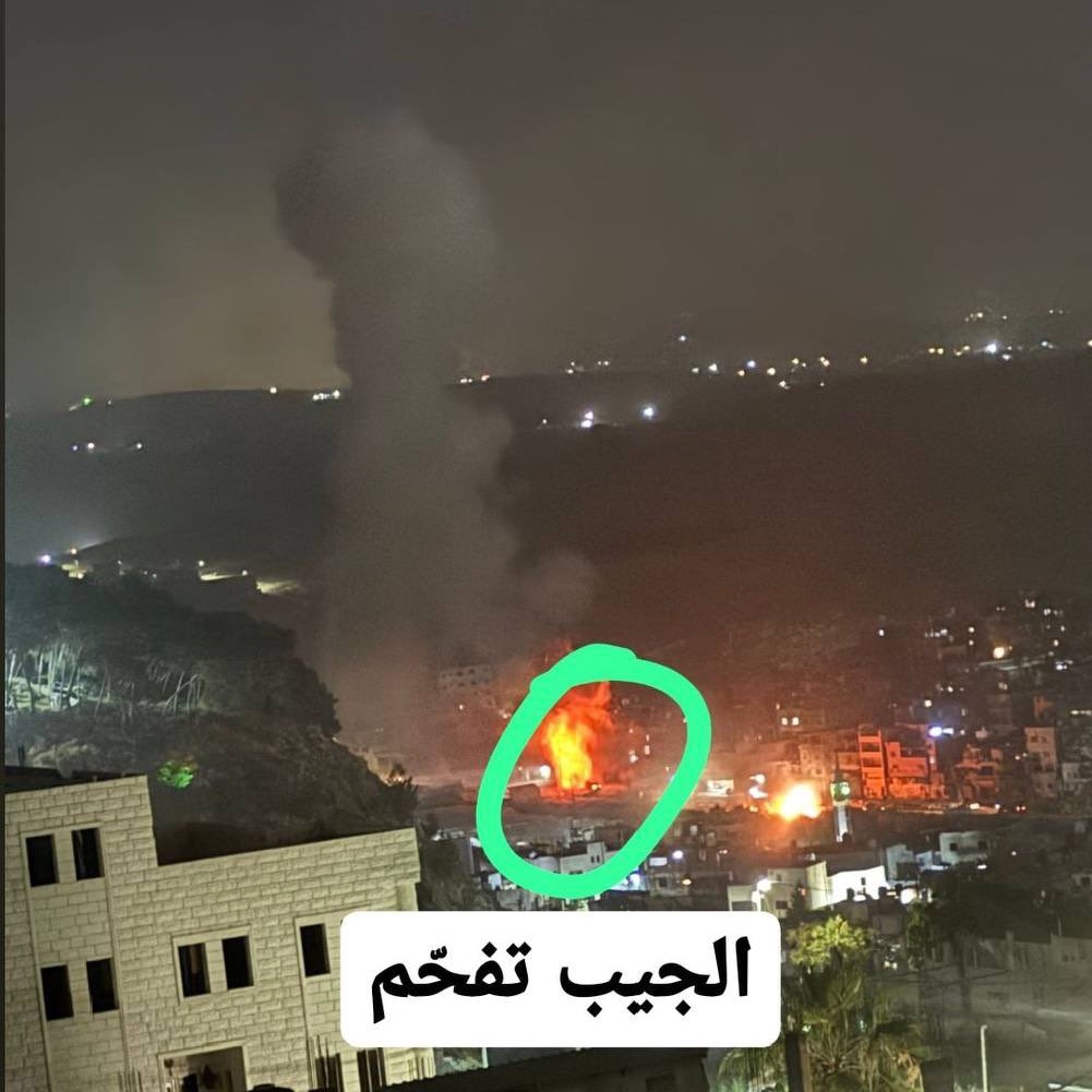 🚨🇮🇱 ISRAELI military  jeeps went up in FLAMES after an explosive device exploded in Nour Shams camp, West Bank.