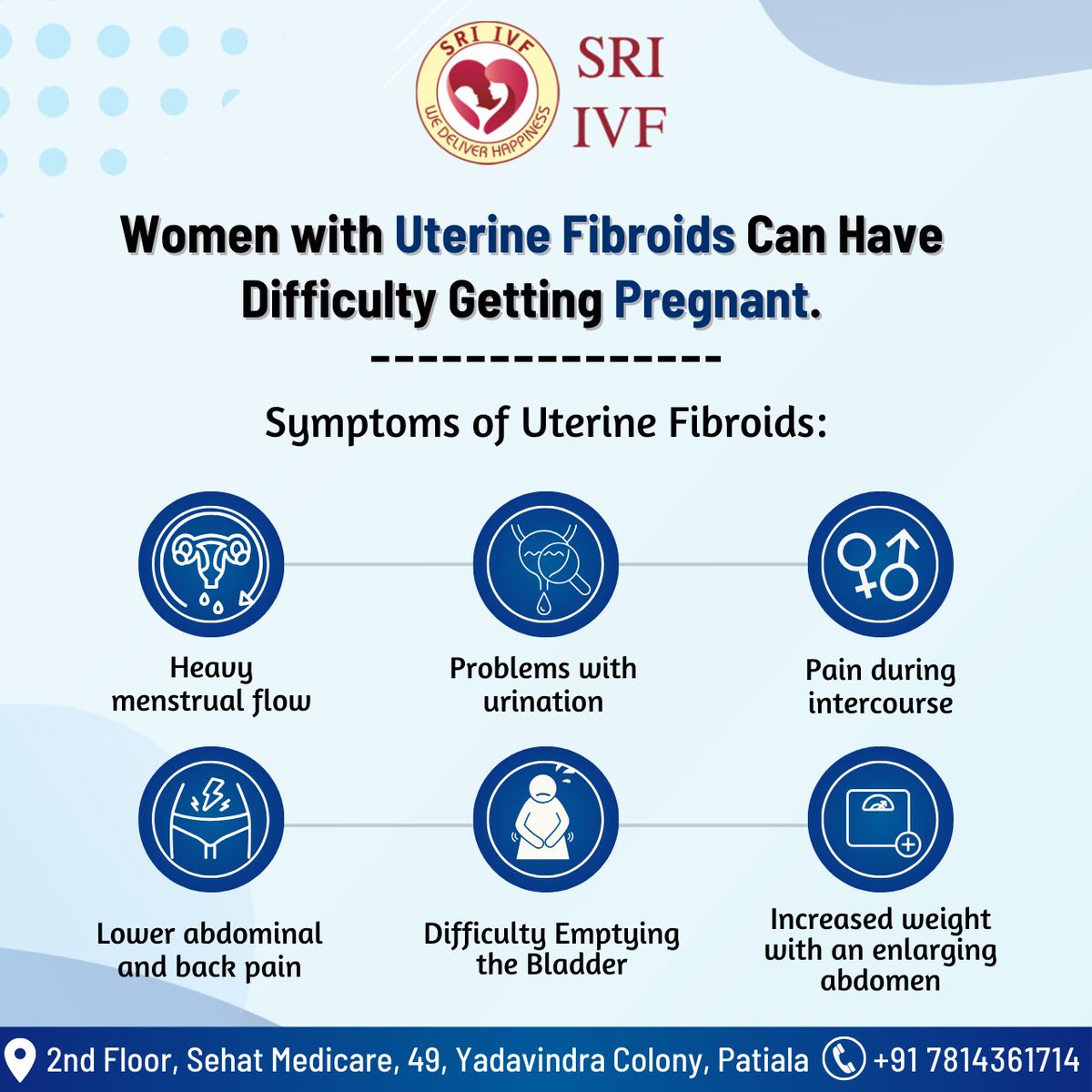 Uterine fibroids make it hard for women to conceive.Symptoms are heavy periods, urinary problem, painful Intercourse & difficulty emptying the bladder. 📞+91 7814361714 #UterineFibroids #Fibroids #Fibroidsymtoms #FibroidsTreatment #FibroidsPain #FertilityClinic #sriivf #patiala