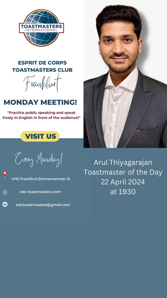 I’m Arul, I will be the Toastmaster of the Evening on 22 April 2024.

The meetings theme is “Embracing Failures: Pathways to Success.” 

Signup on Meetup: 
meetup.com/de-DE/edctoast…

Signup for a role on EasySpeak: tmclub.eu/view_agenda.ph…