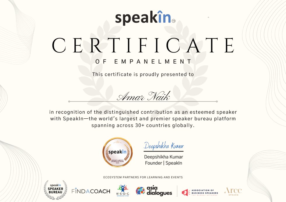 amarrnaik's tweet image. Thrilled to join the amazing speaker network @SpeakIn_Global!  Excited to share my expertise &amp;amp; collaborate with fellow thought leaders. Look out for my Certificate of Empanelment - a true honor to be part of this esteemed group! #SpeakIn #expertnetwork #thoughtleader