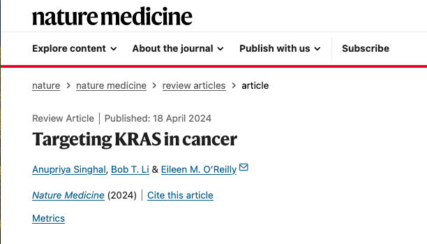 New REVIEW out on @NatureMedicine by Anupriya Singhal, Bob T. Li & @EileenMOReilly 🇺🇸 Targeting KRAS🧬 in #CancerResearch Link: nature.com/articles/s4159… RAS family variants, primarily KRAS, are prevalent hotspot mutations in human cancers with historically limited treatment