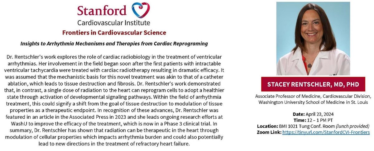 Please join @StanfordCVI on Tue 4/23 at 12-1 pm PST by Dr. Stacey Rentschler @WashUCardiology speak on cardiac radiobiology and arrhythmia. tinyurl.com/StanfordCVI-Fr… @StanfordDeptMed @Stanford_ChEMH @SeanM_Wu @RentschlerLab @BCVSearlyCareer @ATVBCouncil @HRSonline @AHAScience