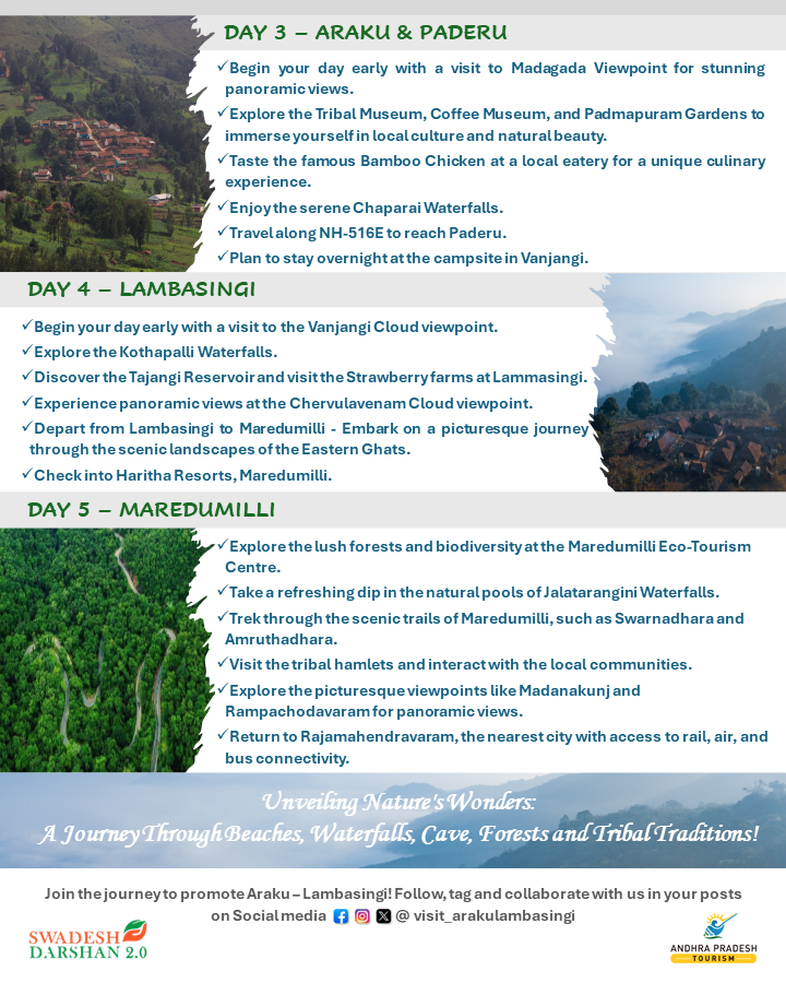 🌿 Nature Trip for Nature Lovers! 🌿🏞️ Explore the Natural Wonders of Visakhapatnam, Araku, Lambasingi, and Maredumalli! 🌄🌊
⛱️Embark on a breathtaking journey through the picturesque landscapes where nature's beauty awaits at every turn! 🌳
