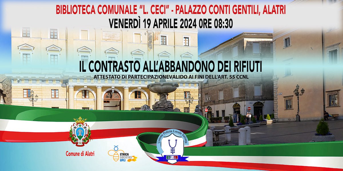 Oggi a #Alatri presso la biblioteca comunale ci sarà la giornata di studio <a href="/UPLI_nazionale/">Unione Polizia Locale Italiana ETS</a> su “Il contrasto all’abbandono dei rifiuti”, relatori Rosalinda Di Nunzio e <a href="/MaxMancini/">Massimiliano Mancini</a>.
#rifiuti #ambiente #formazione #polizialocale #unionepolizialocaleitaliana #ethicasocietas
