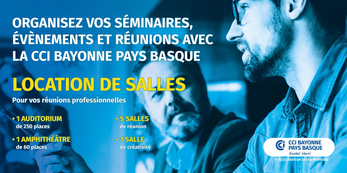 🌟 Organisez vos événements professionnels avec la CCI Bayonne Pays Basque ! 🌟 🏢 1 Auditorium 🎭 1 Amphithéâtre 💼 5 Salles de réunion 🎨 1 Salle de créativité 📝 Infos et détails des prestations : bayonne.cci.fr/location-de-sa… #LocationProfessionelle #PaysBasque