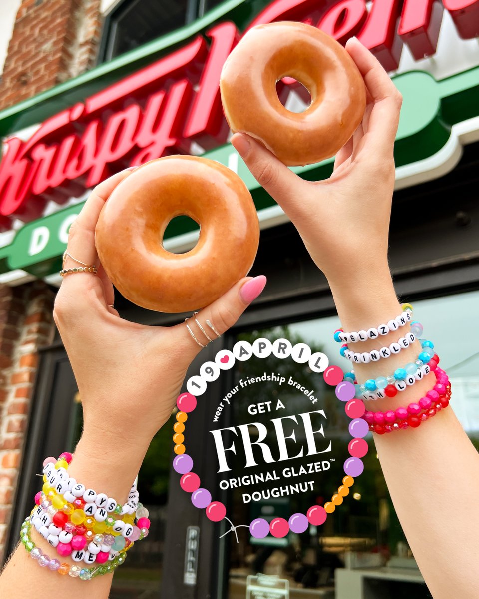 Today feels like the start of a brand new era 🍩 Show your friendship bracelet in your local Krispy Kreme shop today, 19/4/24, and get a FREE Original Glazed doughnut 🍩 on us! No purchase necessary - T&Cs apply, link in bio.