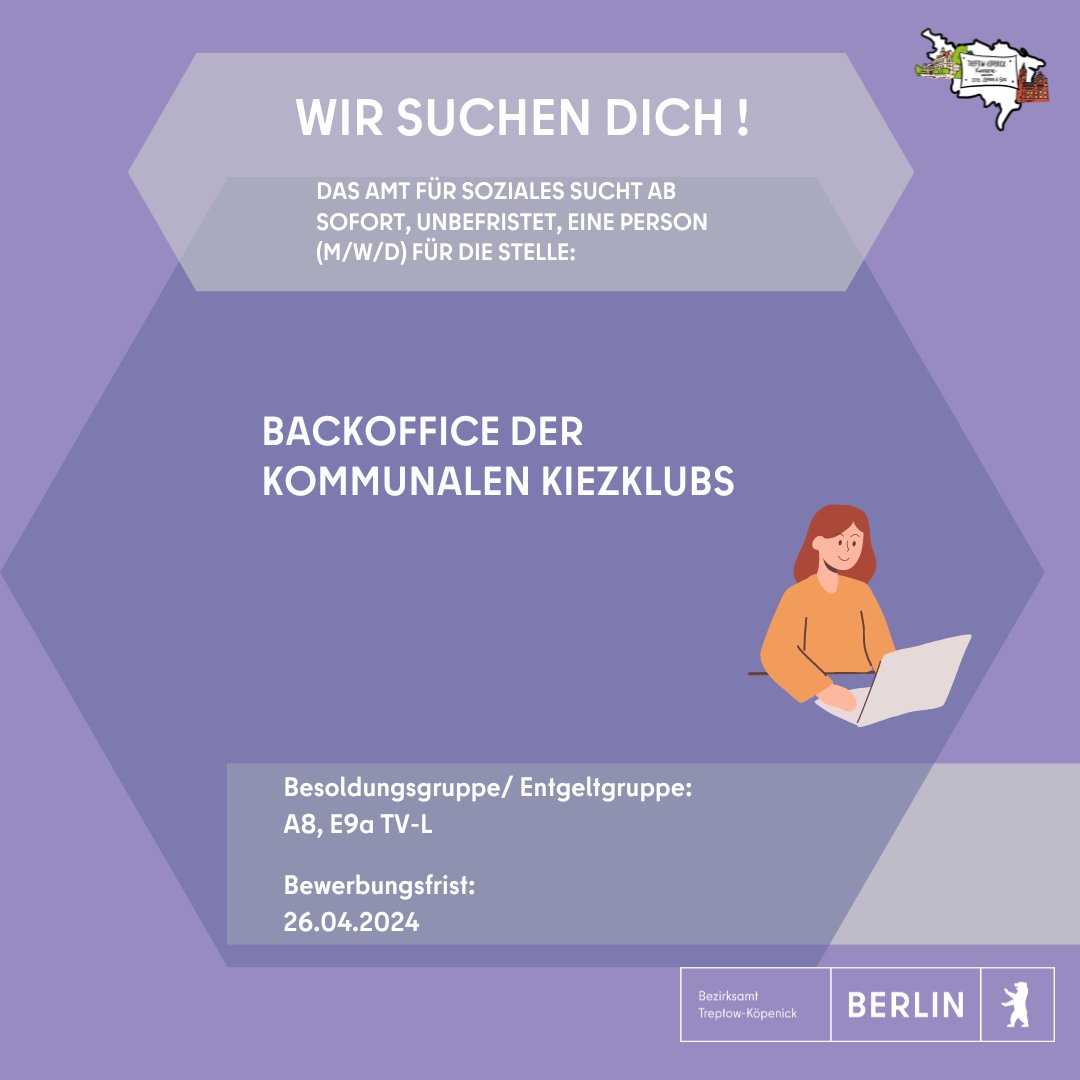 Das Amt für Soziales sucht ab sofort, unbefristet, eine Person (m/w/d) für die Stelle: Backoffice der kommunalen KIEZKLUBs zur Stelle 👉 sohub.io/u8f7 Weitere Stellenangebote ➡️ sohub.io/bt9c