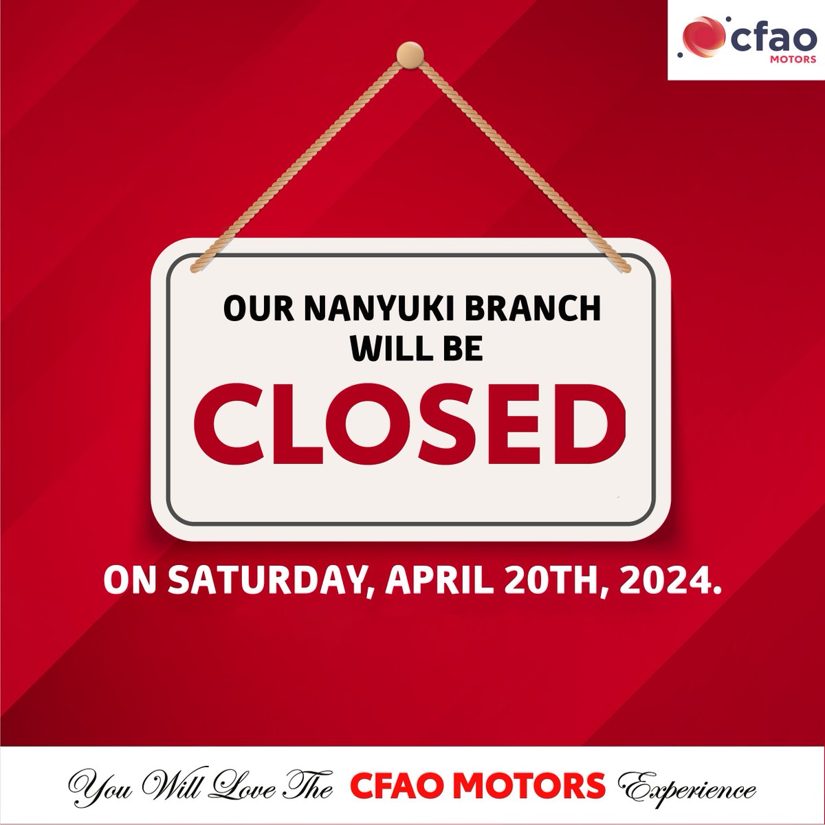 Dear valued customer, Please be informed - CFAO Motors Nanyuki Branch will remain closed on Saturday, April 20th, 2024. We apologize for any inconvenience caused. Normal operations will resume on Monday, April 22nd, 2024. Thank you for your understanding. #CFAOMotorsDrivesKenya