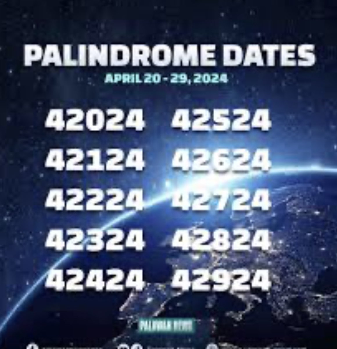 April has 10 consecutive PALINDROME dates.
4/20/34 > 4/29/24

Palindrome Days happen when the day’s date can be read the same way backward & forward. The dates are similar to word palindromes in that they are symmetrical.

10 Days of Darkness?
⁦@VincentCrypt46⁩ ⁦⁩