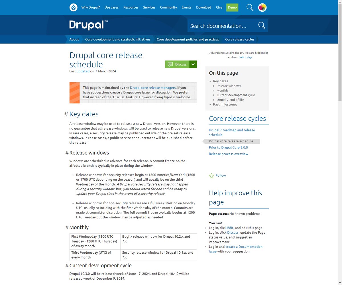 🟢Drupal core update schedule🟢

The #Drupal core dev team simplifies Drupal project update planning with predictable, periodic, core code releases. The 1st Wednesday of each month is patch release day, with mid level updates every six months.

Expect Drupal 10.3.0 on 2024-06-17.