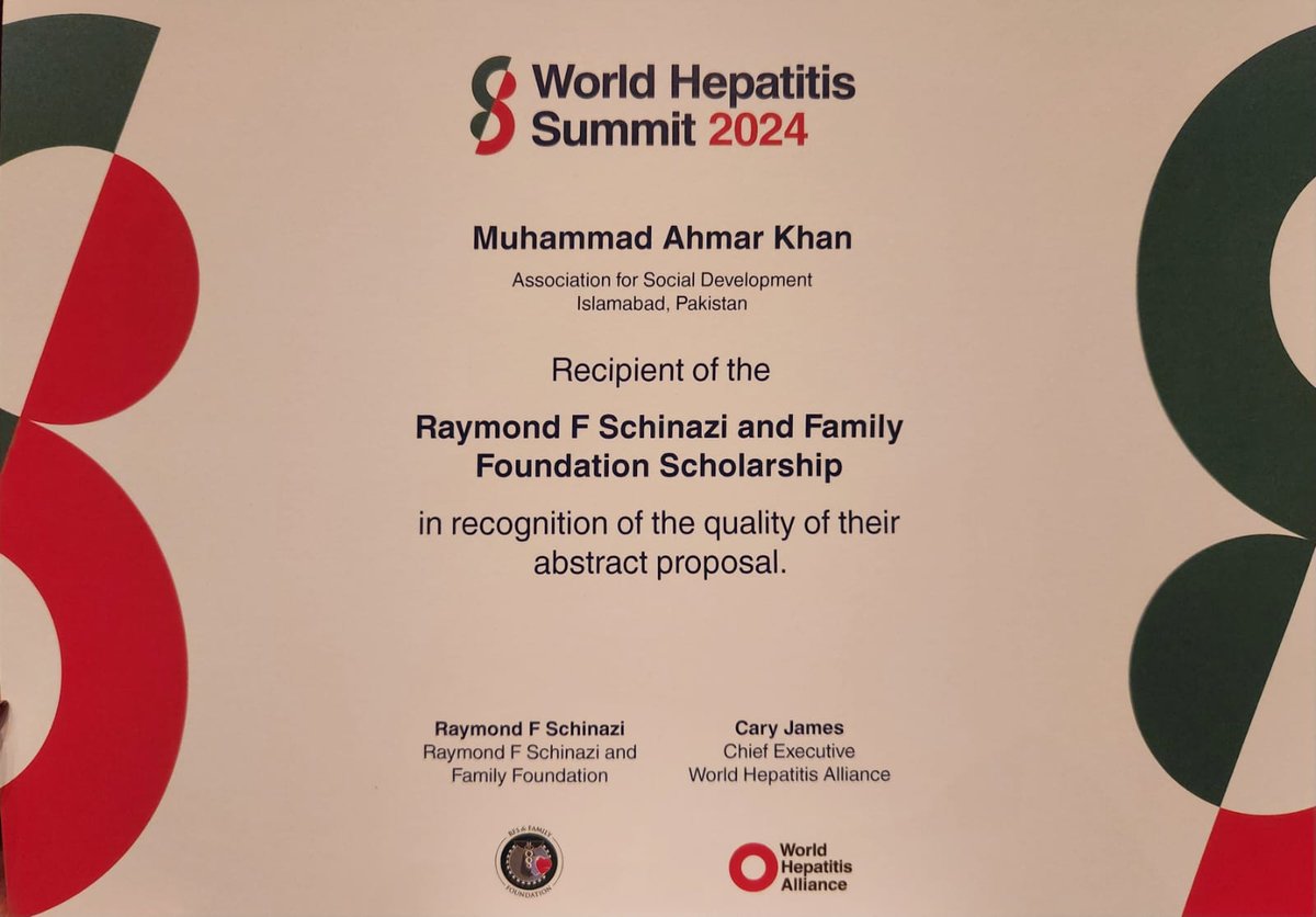 Congratulations to Dr. M. Ahmar Khan, Lead Professional - IIP Unit, on receiving the Raymond F. Schinazi and Family Scholarship at the World #Hepatitis Summit 2024! Our work in integrating #HCV 'test-treat-prevent' care into PHC in developing countries has earned global acclaim.